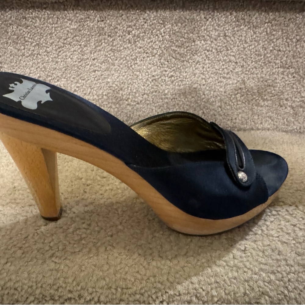Christian Lacroix Navy Blue Satin Platform Mules with Wooden Heel
